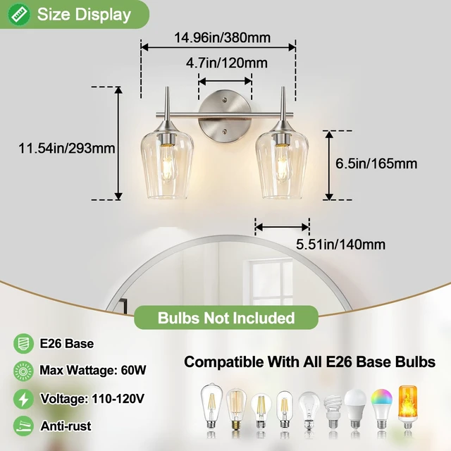 Alt view image 7 of 14 - MOKATNG 2-Light Bathroom Light Fixtures, Brushed Nickel Vanity Lights for Bathroom with Clear Glass, Bathroom Lighting Fixtures Over Mirror, Modern Wall lamp for Cabinet Hallway