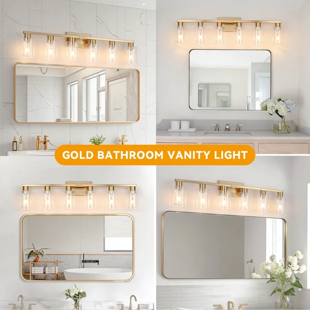 Alt view image 6 of 7 - 6 Light Bathroom Vanity Light Brushed Gold , Gold Bathroom Light Fixtures for Bathrrom Large Wall Sconce with Clear Glass Shade Rust and Moisture Prevention Easy to Install Vanity Lights over Mirror