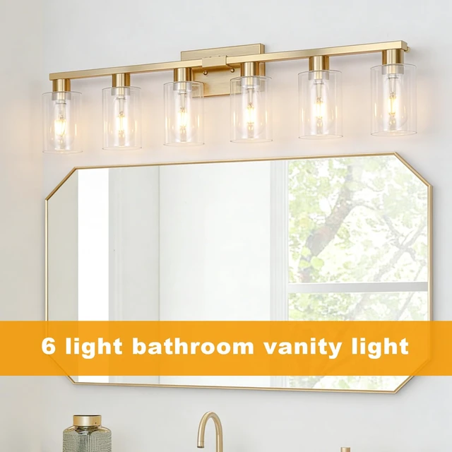 Alt view image 7 of 7 - 6 Light Bathroom Vanity Light Brushed Gold , Gold Bathroom Light Fixtures for Bathrrom Large Wall Sconce with Clear Glass Shade Rust and Moisture Prevention Easy to Install Vanity Lights over Mirror