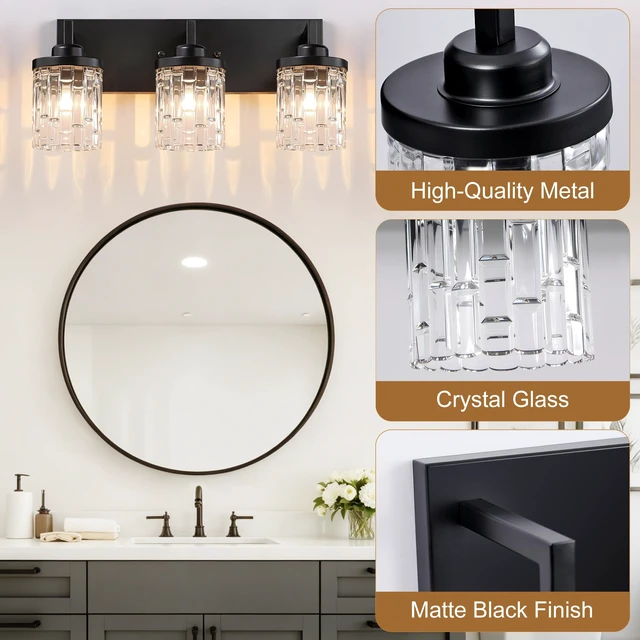 Alt view image 4 of 13 - 3 Light Black Bathroom Vanity Light, Modern Crystal Glass Light Over Mirror | 19.8" Vanity Lights Extra Large Backplate Matte Black Metal & Crystal Glass Shades, Anti-Rust for Bathroom Easy to Install
