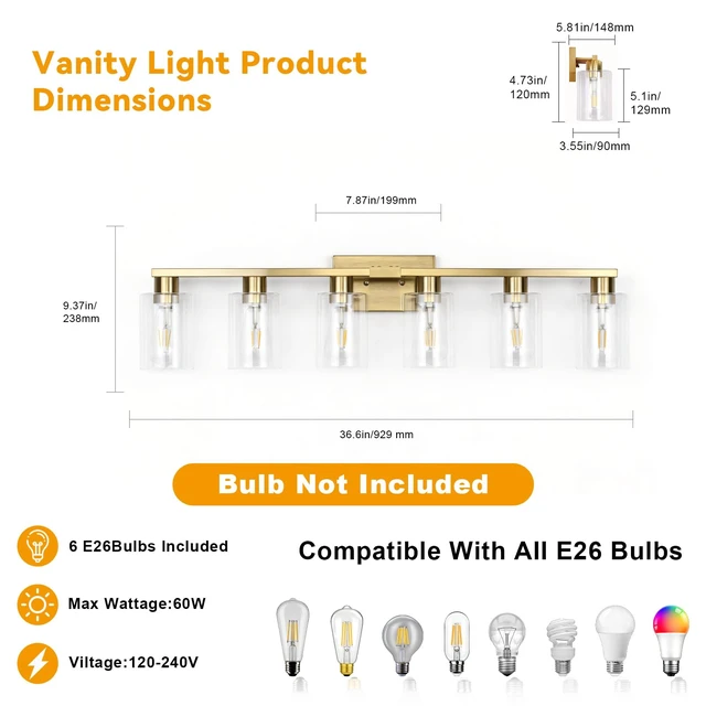 Alt view image 2 of 7 - 6 Light Bathroom Vanity Light Brushed Gold , Gold Bathroom Light Fixtures for Bathrrom Large Wall Sconce with Clear Glass Shade Rust and Moisture Prevention Easy to Install Vanity Lights over Mirror