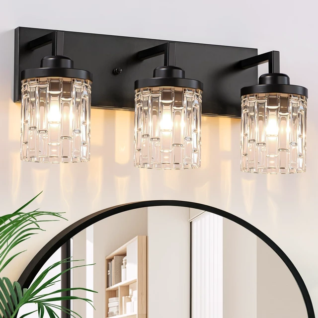 Main image of 3 Light Black Bathroom Vanity Light, Modern Crystal Glass Light Over Mirror | 19.8" Vanity Lights Extra Large Backplate Matte Black Metal & Crystal Glass Shades, Anti-Rust for Bathroom Easy to Install