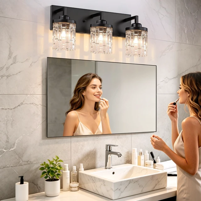 Alt view image 2 of 13 - 3 Light Black Bathroom Vanity Light, Modern Crystal Glass Light Over Mirror | 19.8" Vanity Lights Extra Large Backplate Matte Black Metal & Crystal Glass Shades, Anti-Rust for Bathroom Easy to Install
