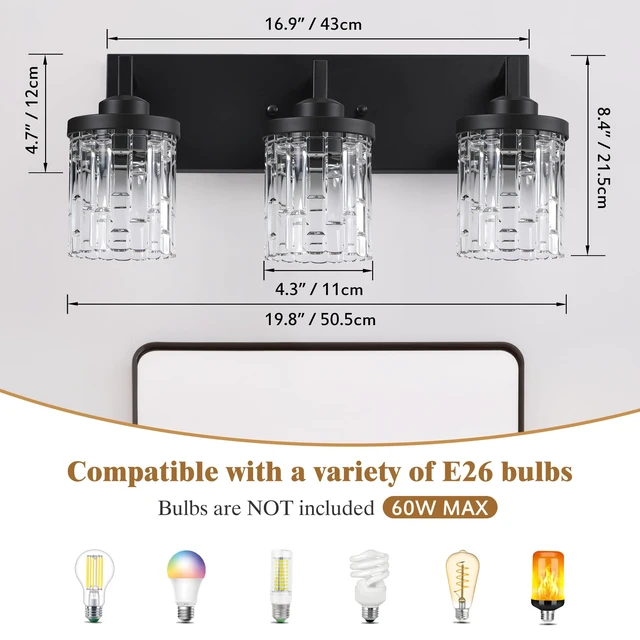Alt view image 5 of 13 - 3 Light Black Bathroom Vanity Light, Modern Crystal Glass Light Over Mirror | 19.8" Vanity Lights Extra Large Backplate Matte Black Metal & Crystal Glass Shades, Anti-Rust for Bathroom Easy to Install