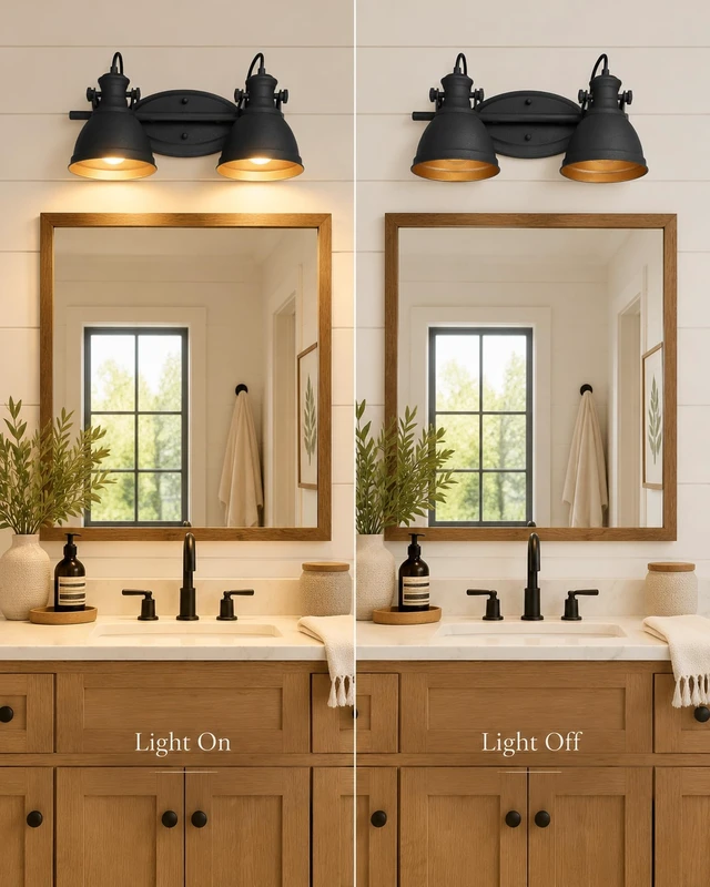 Alt view image 3 of 14 - Audickic 2-Light Industrial Black Bathroom Vanity Light over Mirror | 16.5" Rustic Bathroom Light Fixtures, Black and Gold Metal Shade, E26 Base, Bulbs Not Included, Wall-Mounted, AD-2151-2W