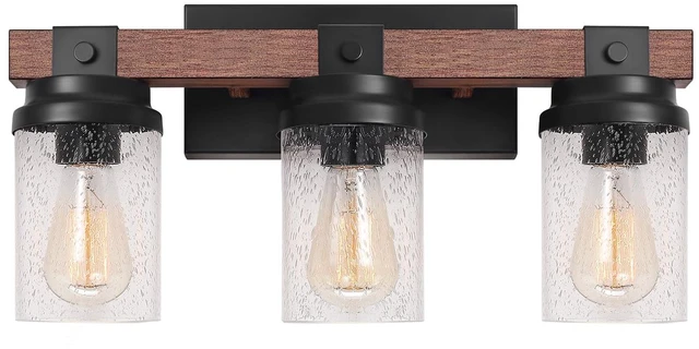 Main image of 3-Light Farmhouse Vanity Lights Bathroom Lighting Fixtures Over Mirror | Faux Wood Rustic Wall Mount Light with Clear Seeded Glass Shade,Industrial Black Metal Wall Sconces for Bathroom Living Room