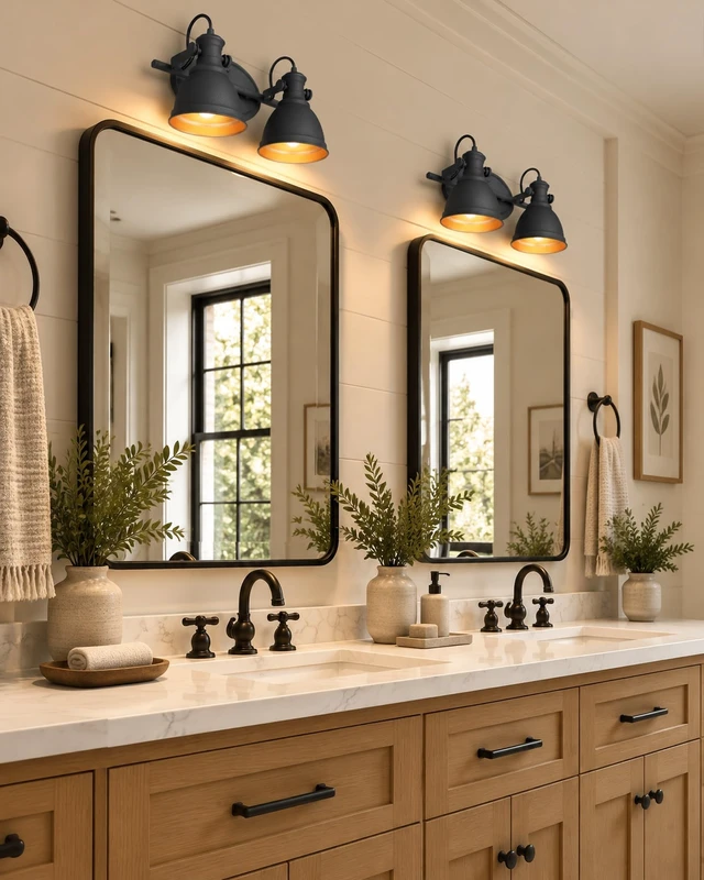 Alt view image 5 of 14 - Audickic 2-Light Industrial Black Bathroom Vanity Light over Mirror | 16.5" Rustic Bathroom Light Fixtures, Black and Gold Metal Shade, E26 Base, Bulbs Not Included, Wall-Mounted, AD-2151-2W