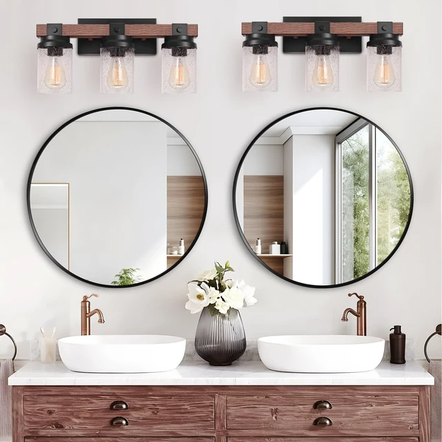 Alt view image 2 of 14 - 3-Light Farmhouse Vanity Lights Bathroom Lighting Fixtures Over Mirror | Faux Wood Rustic Wall Mount Light with Clear Seeded Glass Shade,Industrial Black Metal Wall Sconces for Bathroom Living Room