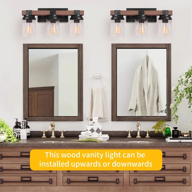 Alt view image 5 of 14 - 3-Light Farmhouse Vanity Lights Bathroom Lighting Fixtures Over Mirror | Faux Wood Rustic Wall Mount Light with Clear Seeded Glass Shade,Industrial Black Metal Wall Sconces for Bathroom Living Room