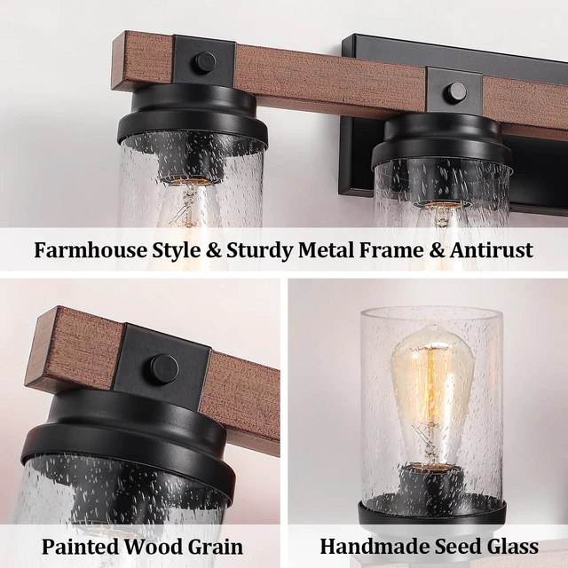 Alt view image 4 of 14 - 3-Light Farmhouse Vanity Lights Bathroom Lighting Fixtures Over Mirror | Faux Wood Rustic Wall Mount Light with Clear Seeded Glass Shade,Industrial Black Metal Wall Sconces for Bathroom Living Room