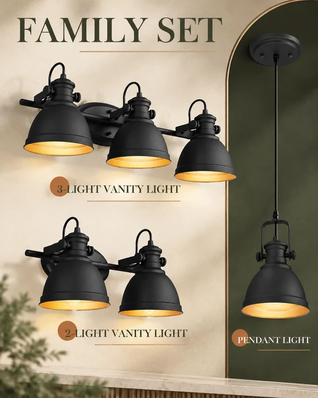 Alt view image 7 of 14 - Audickic 2-Light Industrial Black Bathroom Vanity Light over Mirror | 16.5" Rustic Bathroom Light Fixtures, Black and Gold Metal Shade, E26 Base, Bulbs Not Included, Wall-Mounted, AD-2151-2W