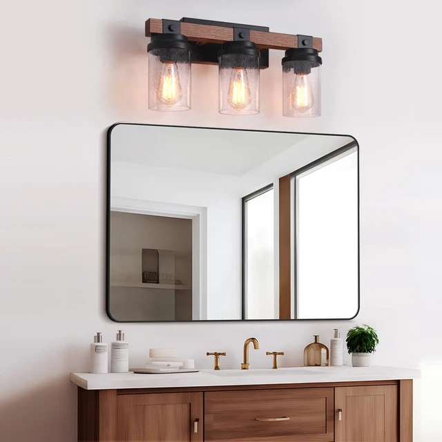 Alt view image 7 of 14 - 3-Light Farmhouse Vanity Lights Bathroom Lighting Fixtures Over Mirror | Faux Wood Rustic Wall Mount Light with Clear Seeded Glass Shade,Industrial Black Metal Wall Sconces for Bathroom Living Room