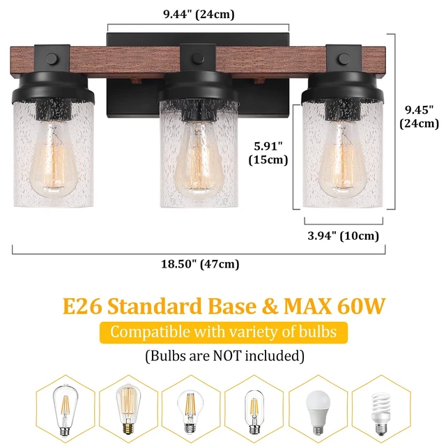 Alt view image 6 of 14 - 3-Light Farmhouse Vanity Lights Bathroom Lighting Fixtures Over Mirror | Faux Wood Rustic Wall Mount Light with Clear Seeded Glass Shade,Industrial Black Metal Wall Sconces for Bathroom Living Room