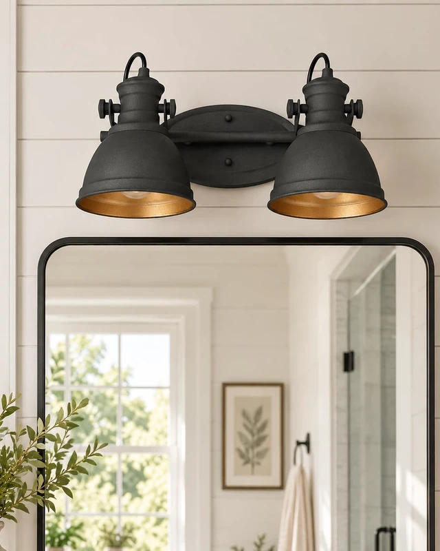 Alt view image 6 of 14 - Audickic 2-Light Industrial Black Bathroom Vanity Light over Mirror | 16.5" Rustic Bathroom Light Fixtures, Black and Gold Metal Shade, E26 Base, Bulbs Not Included, Wall-Mounted, AD-2151-2W