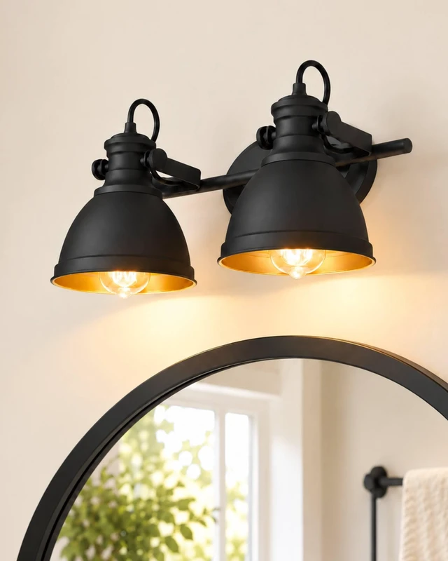 Alt view image 4 of 14 - Audickic 2-Light Industrial Black Bathroom Vanity Light over Mirror | 16.5" Rustic Bathroom Light Fixtures, Black and Gold Metal Shade, E26 Base, Bulbs Not Included, Wall-Mounted, AD-2151-2W