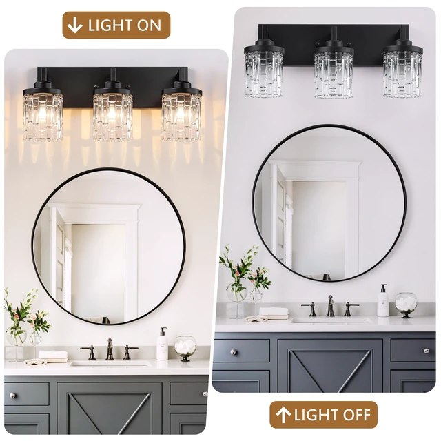 Alt view image 6 of 13 - 3 Light Black Bathroom Vanity Light, Modern Crystal Glass Light Over Mirror | 19.8" Vanity Lights Extra Large Backplate Matte Black Metal & Crystal Glass Shades, Anti-Rust for Bathroom Easy to Install