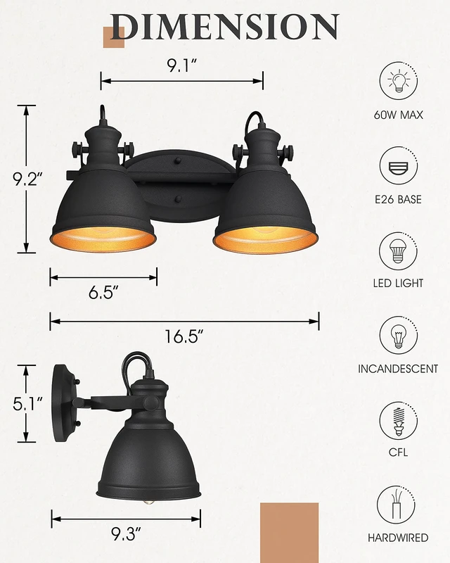 Alt view image 2 of 14 - Audickic 2-Light Industrial Black Bathroom Vanity Light over Mirror | 16.5" Rustic Bathroom Light Fixtures, Black and Gold Metal Shade, E26 Base, Bulbs Not Included, Wall-Mounted, AD-2151-2W