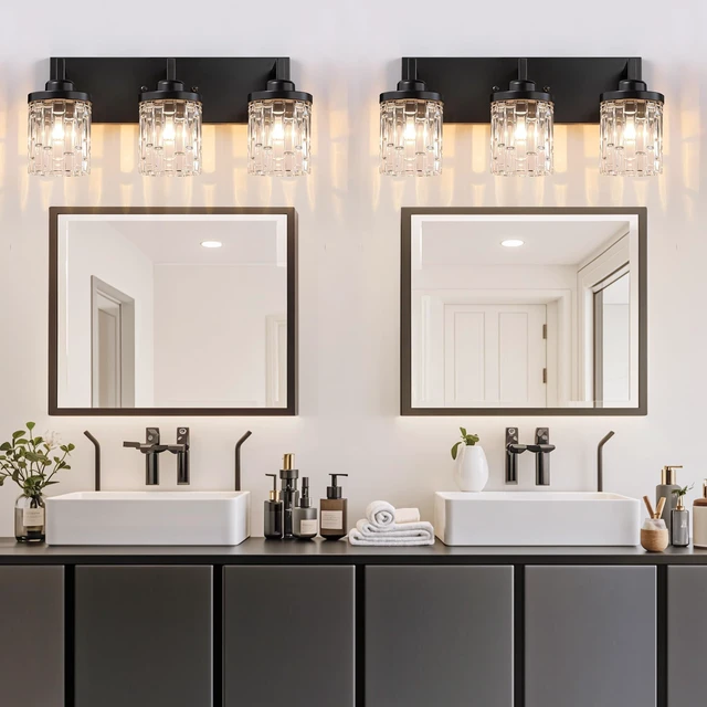 Alt view image 7 of 13 - 3 Light Black Bathroom Vanity Light, Modern Crystal Glass Light Over Mirror | 19.8" Vanity Lights Extra Large Backplate Matte Black Metal & Crystal Glass Shades, Anti-Rust for Bathroom Easy to Install