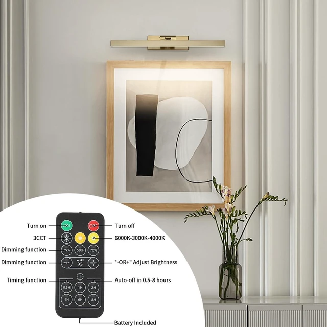 Alt view image 7 of 13 - Joosenhouse Battery Operated Picture Light Wireless Gallery Light with Remote Control Rechargeable Wall Lights Brass 15.35" Dimmable and Timed Off Wall Sconce Light