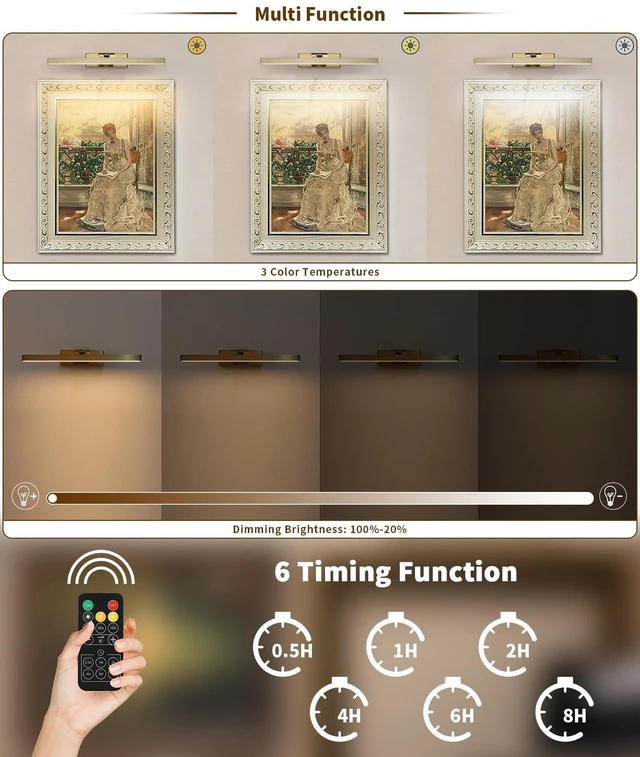 Alt view image 2 of 13 - Joosenhouse Battery Operated Picture Light Wireless Gallery Light with Remote Control Rechargeable Wall Lights Brass 15.35" Dimmable and Timed Off Wall Sconce Light