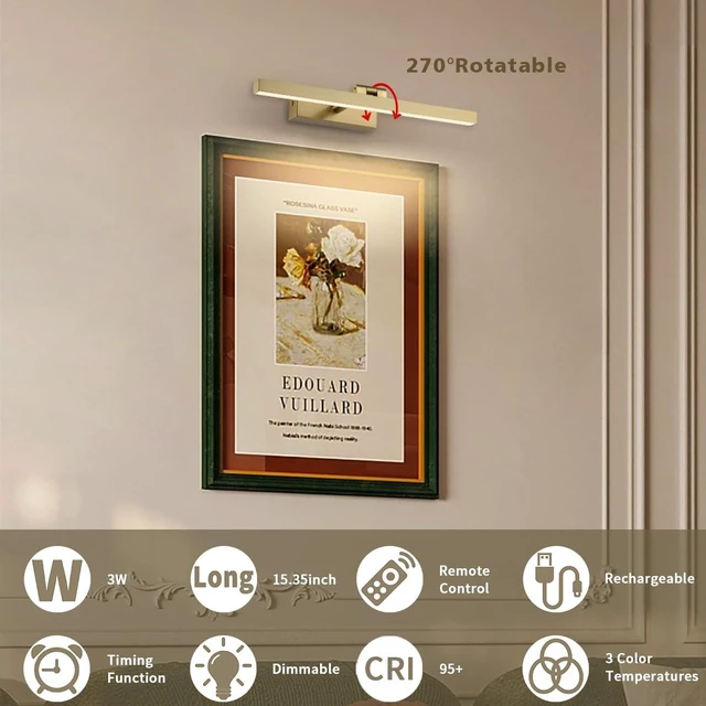 Alt view image 4 of 13 - Joosenhouse Battery Operated Picture Light Wireless Gallery Light with Remote Control Rechargeable Wall Lights Brass 15.35" Dimmable and Timed Off Wall Sconce Light