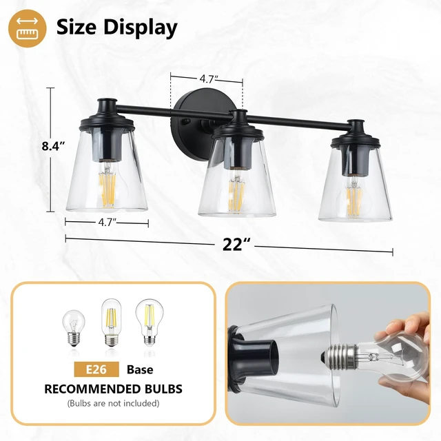 Alt view image 2 of 11 - Ziikopoo 22 Inch 3-Light Bathroom Vanity Light, Matte Black Bathroom Light Fixture Over Mirror with Clear Glass Shades, Modern Wall Sconce for Bedroom Hallway Living Room