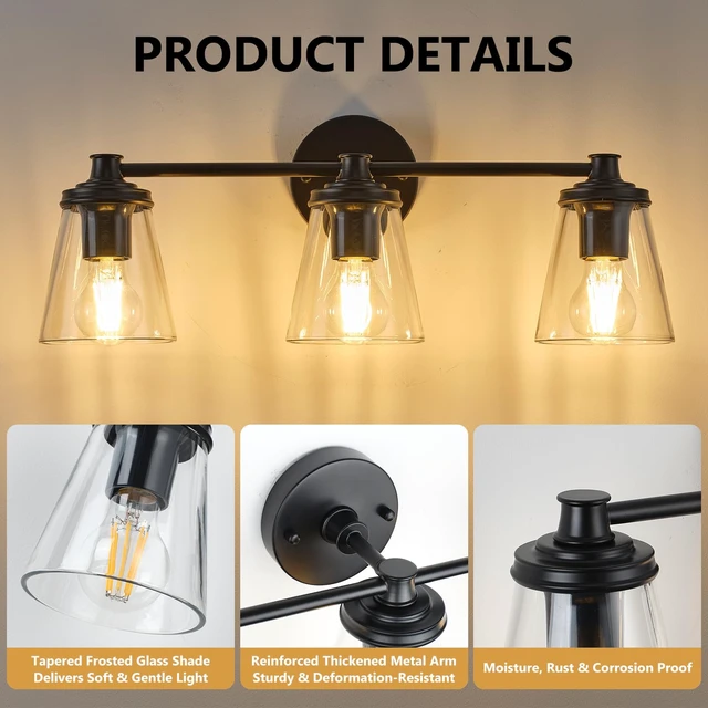 Alt view image 3 of 11 - Ziikopoo 22 Inch 3-Light Bathroom Vanity Light, Matte Black Bathroom Light Fixture Over Mirror with Clear Glass Shades, Modern Wall Sconce for Bedroom Hallway Living Room