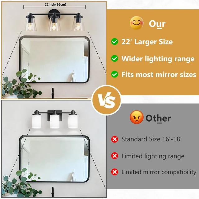 Alt view image 4 of 11 - Ziikopoo 22 Inch 3-Light Bathroom Vanity Light, Matte Black Bathroom Light Fixture Over Mirror with Clear Glass Shades, Modern Wall Sconce for Bedroom Hallway Living Room
