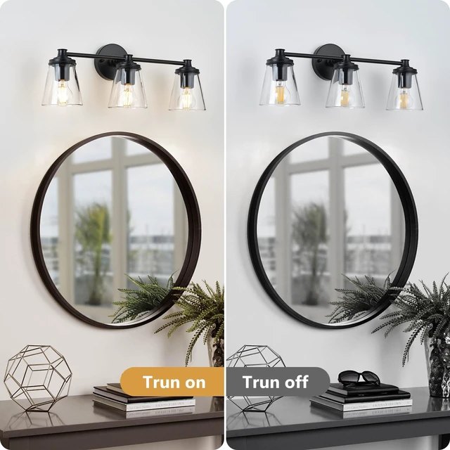 Alt view image 5 of 11 - Ziikopoo 22 Inch 3-Light Bathroom Vanity Light, Matte Black Bathroom Light Fixture Over Mirror with Clear Glass Shades, Modern Wall Sconce for Bedroom Hallway Living Room
