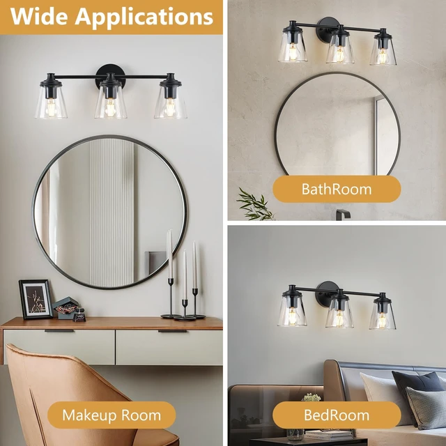 Alt view image 7 of 11 - Ziikopoo 22 Inch 3-Light Bathroom Vanity Light, Matte Black Bathroom Light Fixture Over Mirror with Clear Glass Shades, Modern Wall Sconce for Bedroom Hallway Living Room