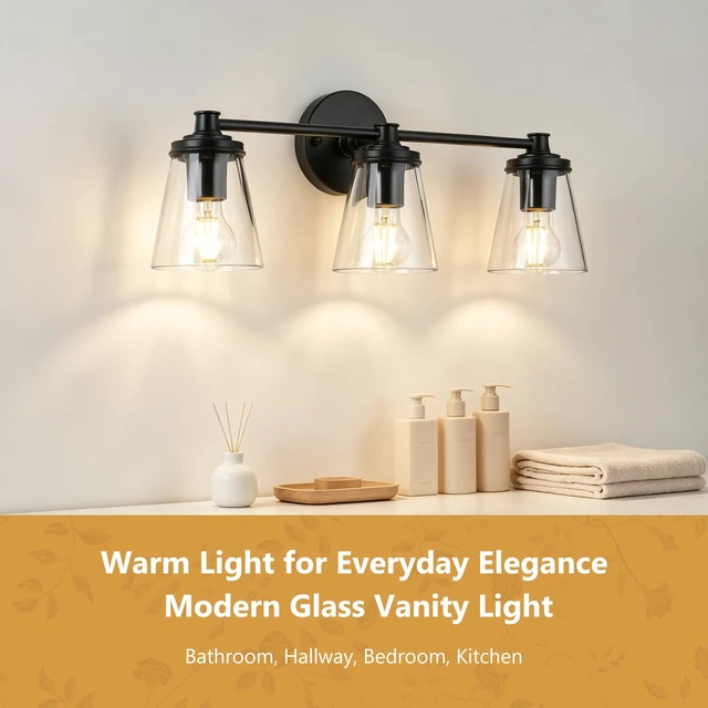 Alt view image 6 of 11 - Ziikopoo 22 Inch 3-Light Bathroom Vanity Light, Matte Black Bathroom Light Fixture Over Mirror with Clear Glass Shades, Modern Wall Sconce for Bedroom Hallway Living Room