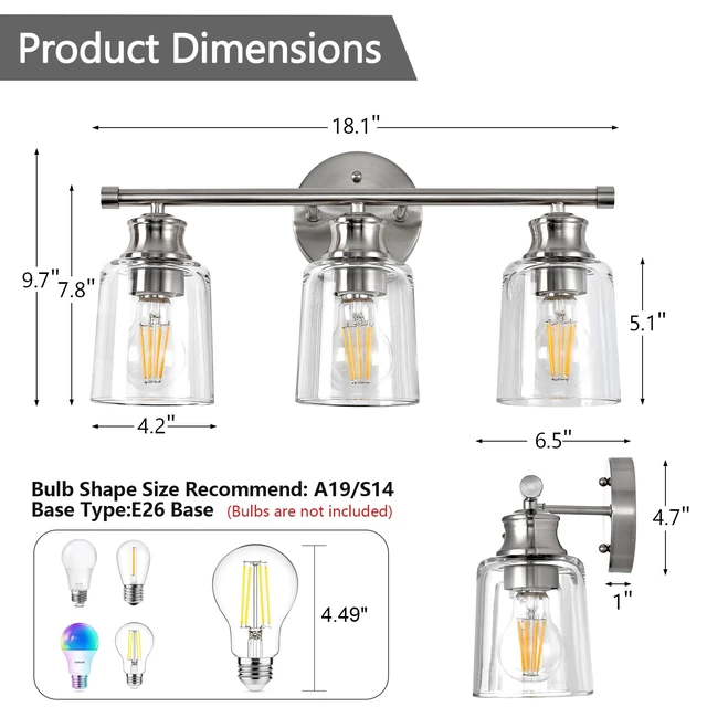 Alt view image 3 of 11 - Bathroom Light Fixtures Over Mirror,18 Inch 3 Lights Vanity Lights | Thick Clear Glass Shades, Brushed Nickel Rust-Proof Metal Frame, Up/Down Mount, ETL Certified Heat-Resist Ceramic E26 Sockets