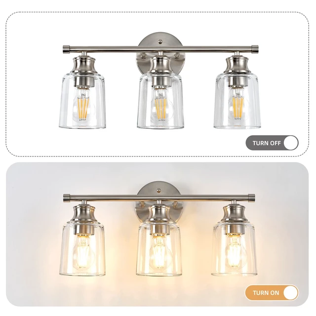 Alt view image 4 of 11 - Bathroom Light Fixtures Over Mirror,18 Inch 3 Lights Vanity Lights | Thick Clear Glass Shades, Brushed Nickel Rust-Proof Metal Frame, Up/Down Mount, ETL Certified Heat-Resist Ceramic E26 Sockets