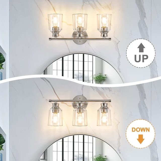Alt view image 5 of 11 - Bathroom Light Fixtures Over Mirror,18 Inch 3 Lights Vanity Lights | Thick Clear Glass Shades, Brushed Nickel Rust-Proof Metal Frame, Up/Down Mount, ETL Certified Heat-Resist Ceramic E26 Sockets