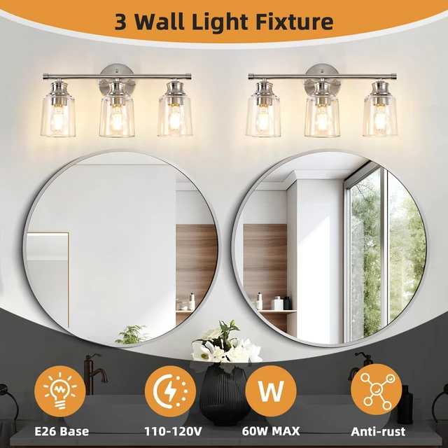 Alt view image 7 of 11 - Bathroom Light Fixtures Over Mirror,18 Inch 3 Lights Vanity Lights | Thick Clear Glass Shades, Brushed Nickel Rust-Proof Metal Frame, Up/Down Mount, ETL Certified Heat-Resist Ceramic E26 Sockets