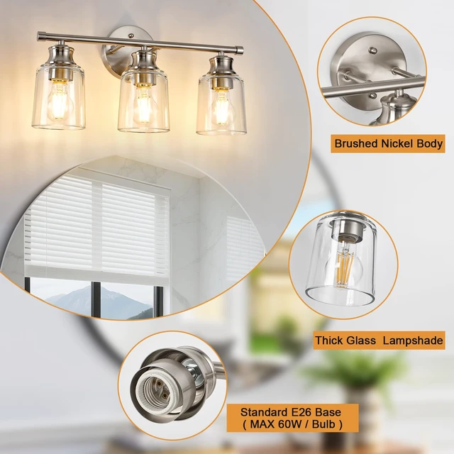 Alt view image 6 of 11 - Bathroom Light Fixtures Over Mirror,18 Inch 3 Lights Vanity Lights | Thick Clear Glass Shades, Brushed Nickel Rust-Proof Metal Frame, Up/Down Mount, ETL Certified Heat-Resist Ceramic E26 Sockets