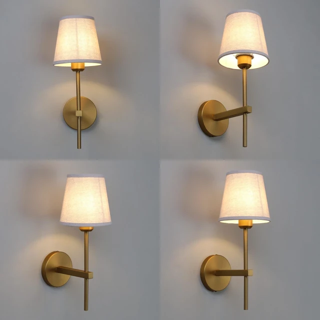 Alt view image 6 of 14 - Phansthy Hardwired Brass Boho Wall Sconce, 1-Light Vintage Industrial Wall Lamp, Vanity Wall Lighting with Natural Linen Fabric Shade for Bathroom Bedroom Living Room (Antique Gold)