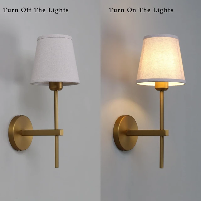 Alt view image 7 of 14 - Phansthy Hardwired Brass Boho Wall Sconce, 1-Light Vintage Industrial Wall Lamp, Vanity Wall Lighting with Natural Linen Fabric Shade for Bathroom Bedroom Living Room (Antique Gold)