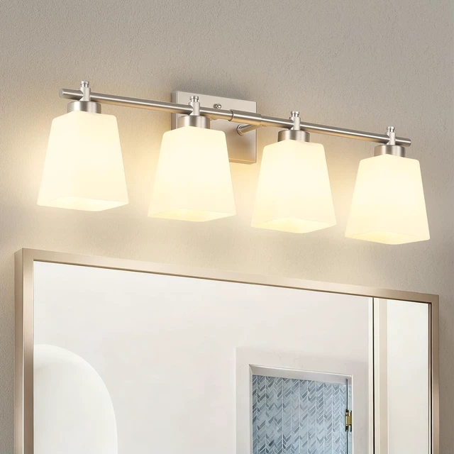 Main image of ECOBRT Bathroom Vanity Light, 4-Light 28 Inch Brushed Nickel Vanity Lights for Bathroom, Modern Wall Sconce Lighting Fixtures Over Mirror with Milk White Square Shades, E26 Base