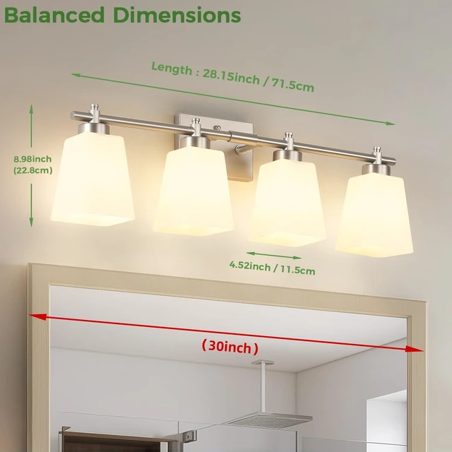 Alt view image 3 of 14 - ECOBRT Bathroom Vanity Light, 4-Light 28 Inch Brushed Nickel Vanity Lights for Bathroom, Modern Wall Sconce Lighting Fixtures Over Mirror with Milk White Square Shades, E26 Base