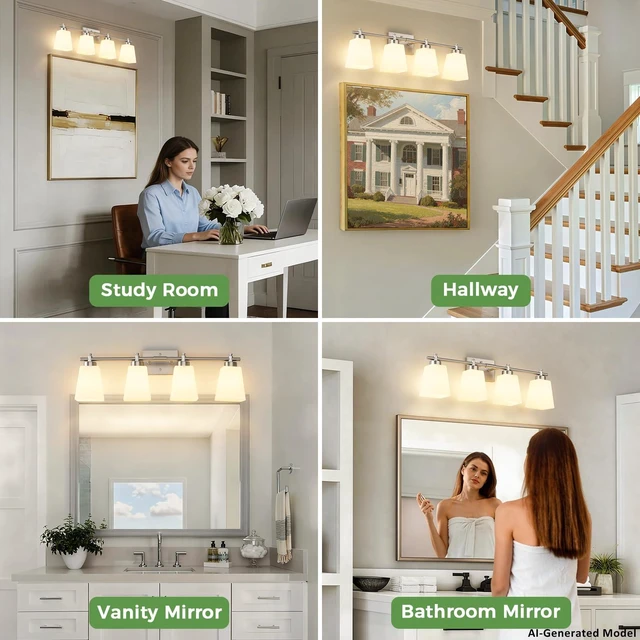 Alt view image 2 of 14 - ECOBRT Bathroom Vanity Light, 4-Light 28 Inch Brushed Nickel Vanity Lights for Bathroom, Modern Wall Sconce Lighting Fixtures Over Mirror with Milk White Square Shades, E26 Base