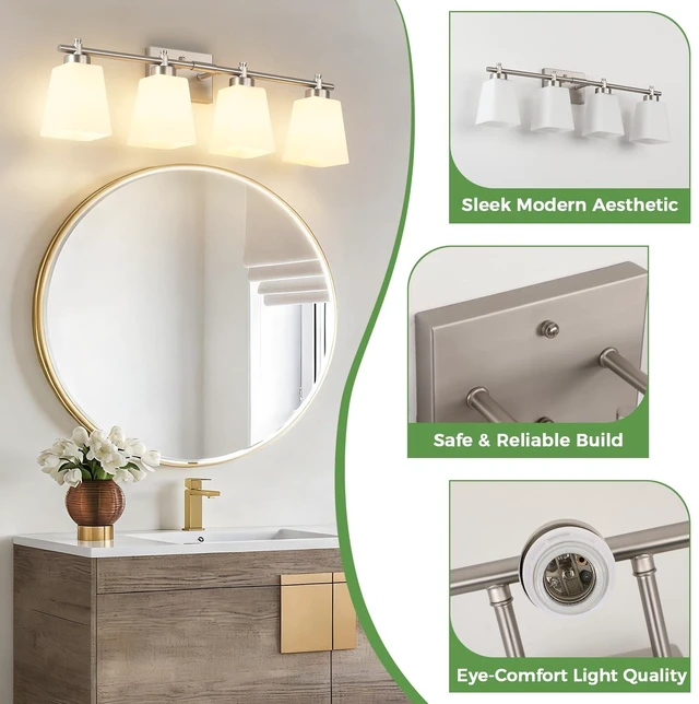 Alt view image 4 of 14 - ECOBRT Bathroom Vanity Light, 4-Light 28 Inch Brushed Nickel Vanity Lights for Bathroom, Modern Wall Sconce Lighting Fixtures Over Mirror with Milk White Square Shades, E26 Base