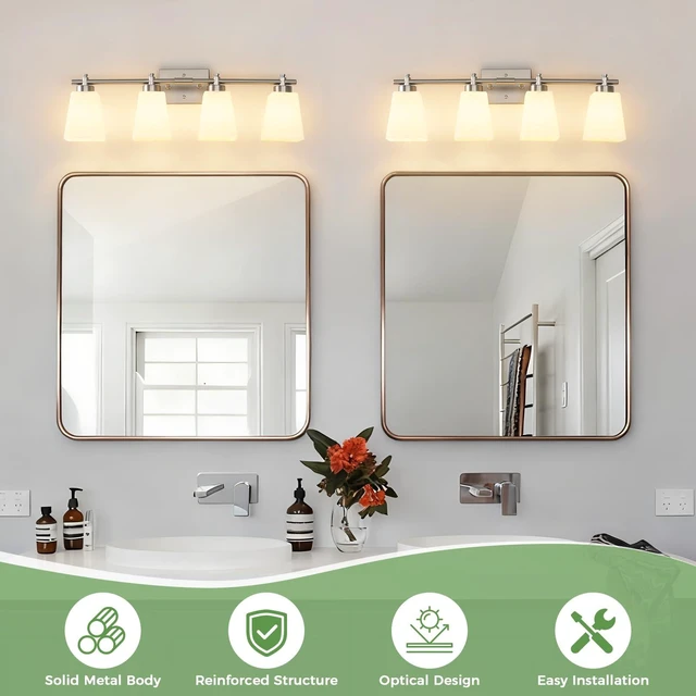 Alt view image 5 of 14 - ECOBRT Bathroom Vanity Light, 4-Light 28 Inch Brushed Nickel Vanity Lights for Bathroom, Modern Wall Sconce Lighting Fixtures Over Mirror with Milk White Square Shades, E26 Base