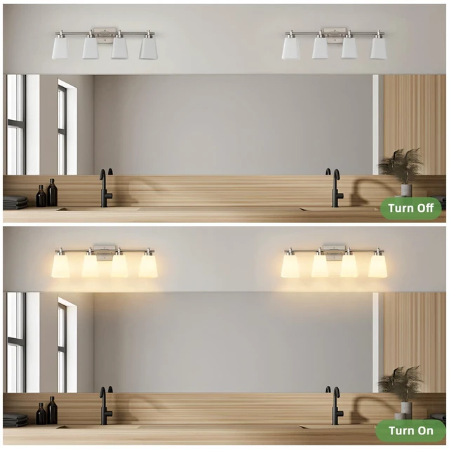 Alt view image 6 of 14 - ECOBRT Bathroom Vanity Light, 4-Light 28 Inch Brushed Nickel Vanity Lights for Bathroom, Modern Wall Sconce Lighting Fixtures Over Mirror with Milk White Square Shades, E26 Base