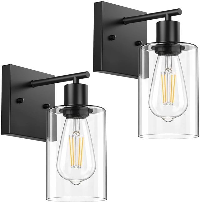 Main image of YouLain Wall Sconces Set of Two, Modern Vanity Light Fixture with Clear Glass Shade, Industrial Wall Lamps Metal Light Fixtures for Bedroom, Living Room, Hallway, and Stairway 2 Pack Black