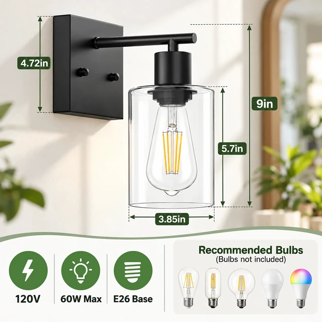 Alt view image 2 of 14 - YouLain Wall Sconces Set of Two, Modern Vanity Light Fixture with Clear Glass Shade, Industrial Wall Lamps Metal Light Fixtures for Bedroom, Living Room, Hallway, and Stairway 2 Pack Black
