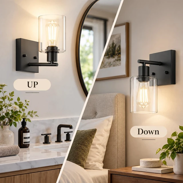 Alt view image 3 of 14 - YouLain Wall Sconces Set of Two, Modern Vanity Light Fixture with Clear Glass Shade, Industrial Wall Lamps Metal Light Fixtures for Bedroom, Living Room, Hallway, and Stairway 2 Pack Black