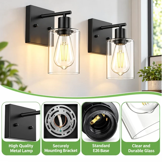 Alt view image 4 of 14 - YouLain Wall Sconces Set of Two, Modern Vanity Light Fixture with Clear Glass Shade, Industrial Wall Lamps Metal Light Fixtures for Bedroom, Living Room, Hallway, and Stairway 2 Pack Black
