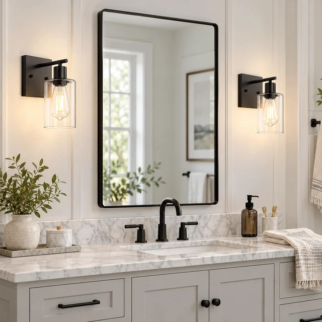 Alt view image 6 of 14 - YouLain Wall Sconces Set of Two, Modern Vanity Light Fixture with Clear Glass Shade, Industrial Wall Lamps Metal Light Fixtures for Bedroom, Living Room, Hallway, and Stairway 2 Pack Black
