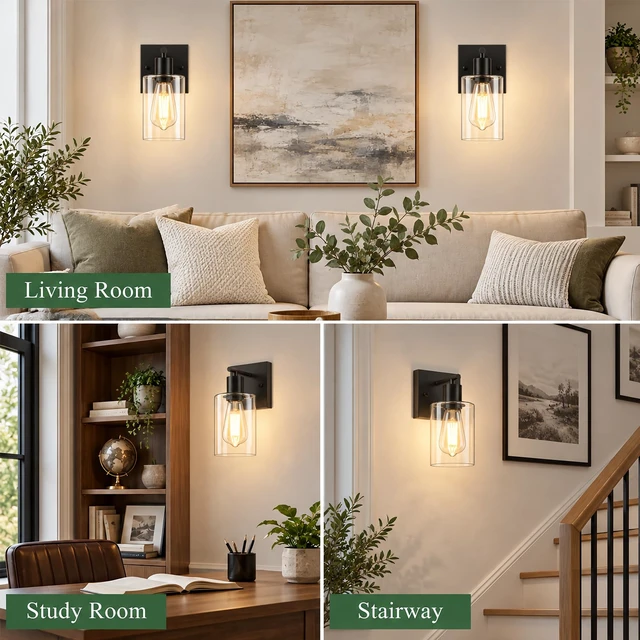 Alt view image 7 of 14 - YouLain Wall Sconces Set of Two, Modern Vanity Light Fixture with Clear Glass Shade, Industrial Wall Lamps Metal Light Fixtures for Bedroom, Living Room, Hallway, and Stairway 2 Pack Black